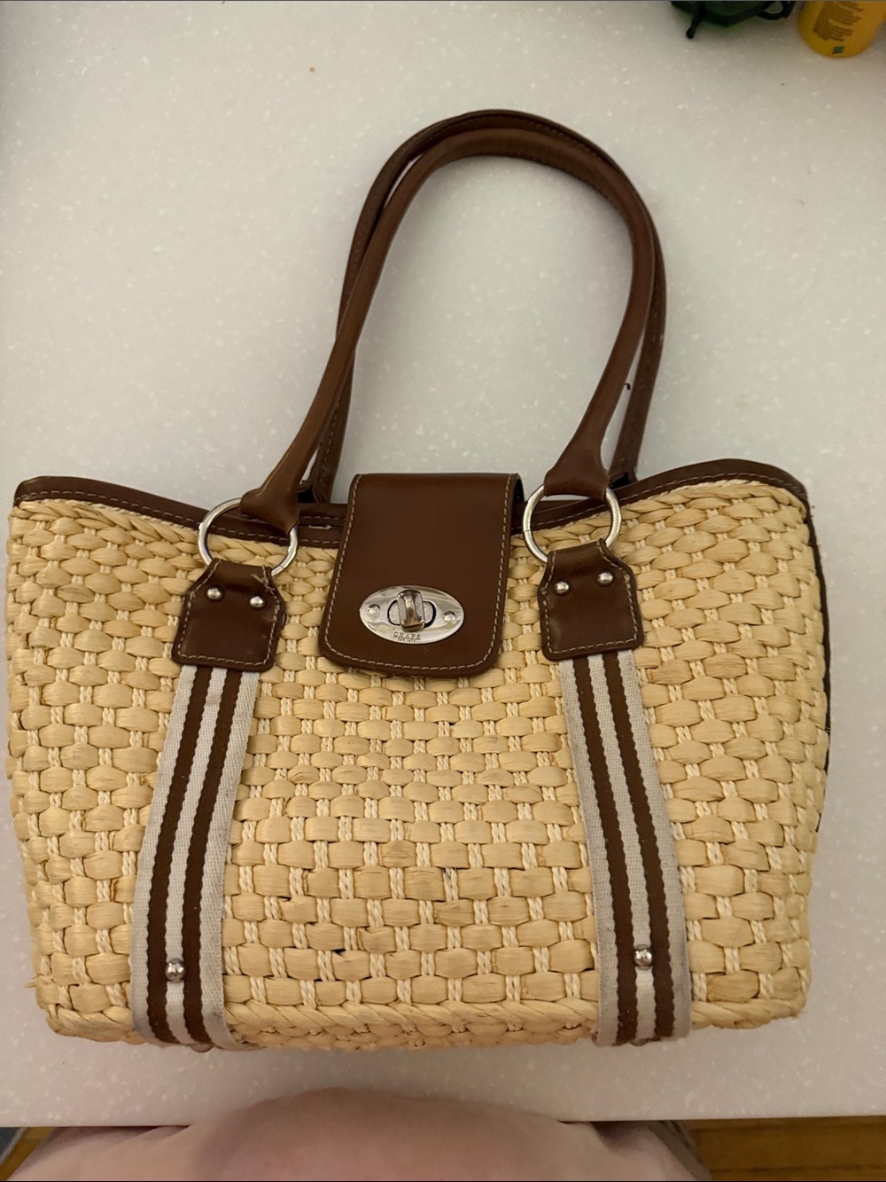 Chaps Natural Straw Shoulder Tote with Brown Trim and Striped Straps